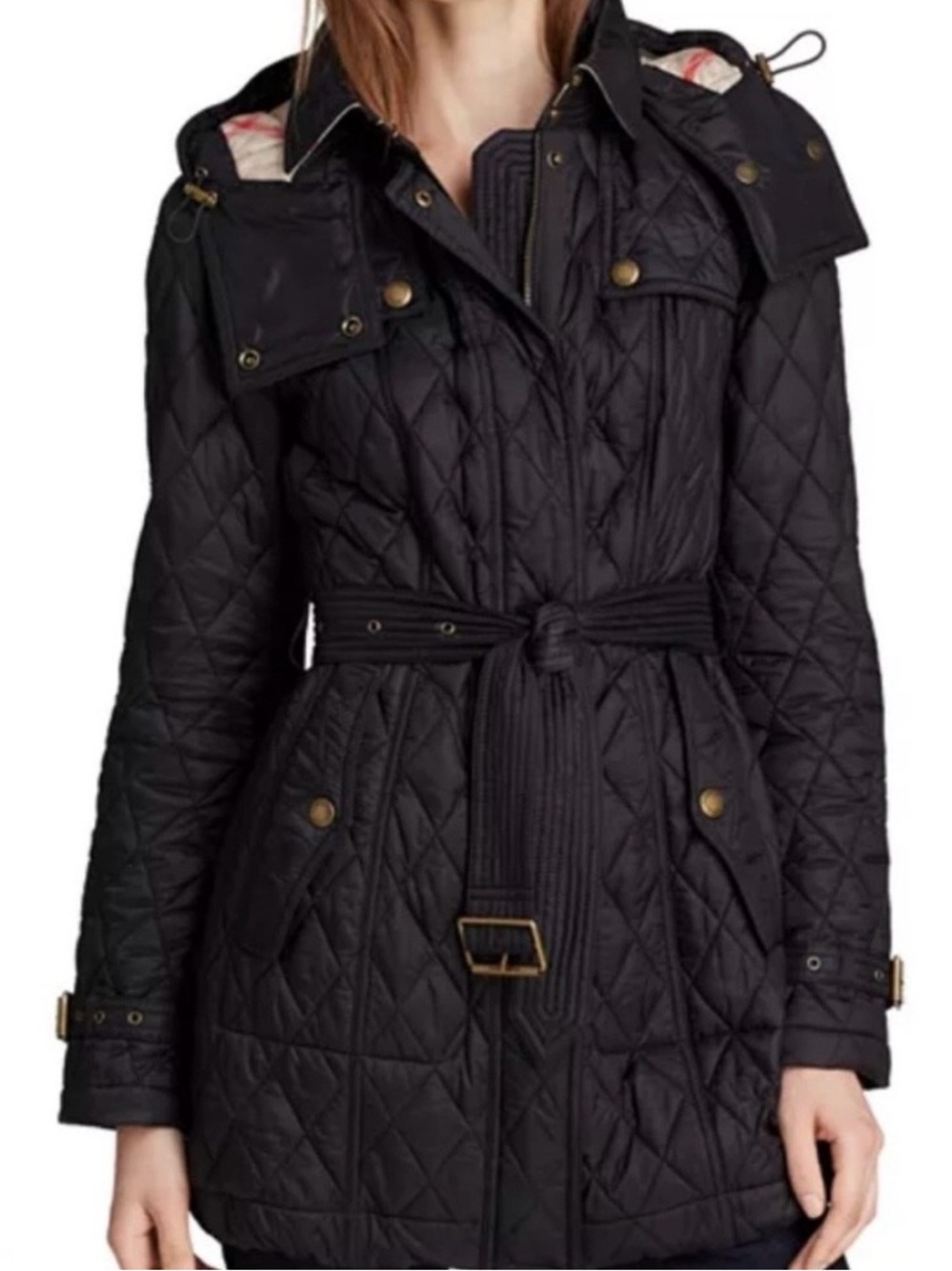 BURBERRY Finsbridge Black Belted Quilted Jacket W Detachable Hood Size L - Picture 3 of 10